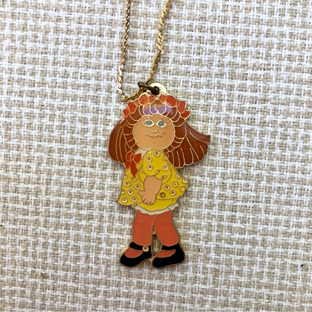 Cabbage Patch Kid  80's Doll Necklace gold tone orange red hair vintage